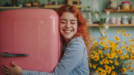 Joyful woman hugging a vintage pink fridge in a cheerful kitchen