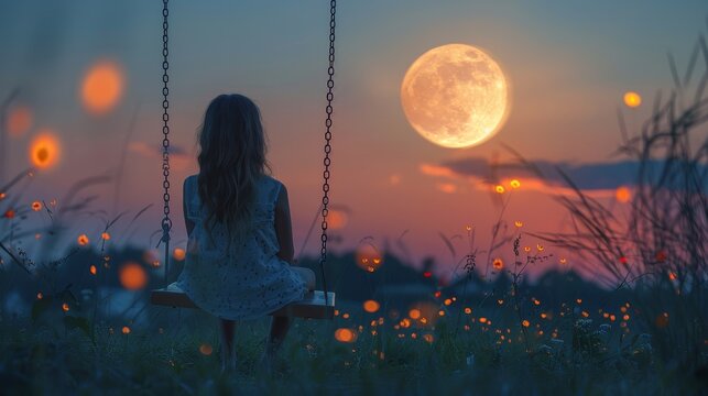 Child on seesaw under full moon on serene summer evening