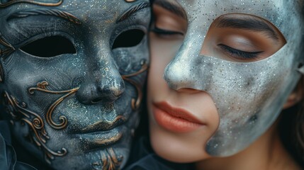 Naklejka premium Woman intimately kissing a decorative mask instead of a person