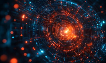 Obraz premium Abstract technology background with geometric circles and dots, simple vector illustration of abstract shapes in orange on a dark blue background design 
