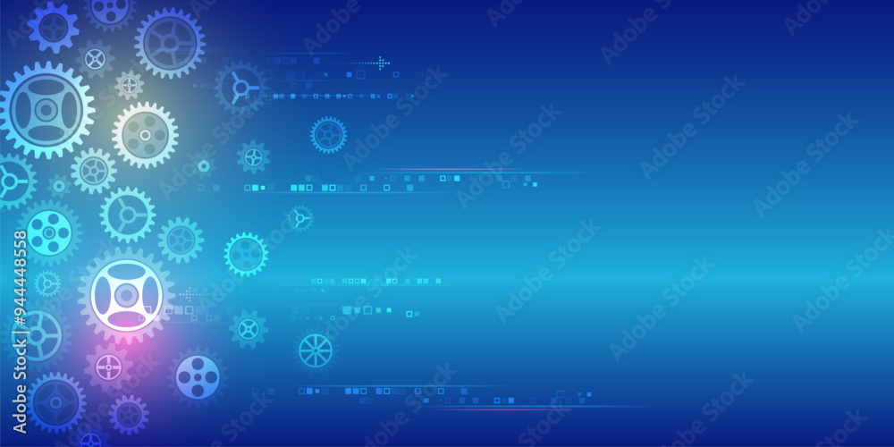 Poster Cogwheel for science experiment presentation. Futuristic high tech concept. Business and industry internet banner. The mechanism consisting of gears on a blue background for the presentation.