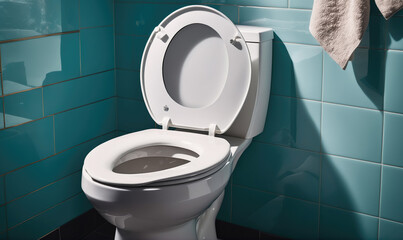A white toilet sits in a bathroom with teal tile walls