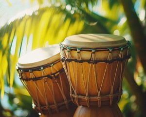 Fototapeta na wymiar Bongo drums being played in a tropical setting, with palm trees and vibrant colors, Rhythmic, Bright, Detailed