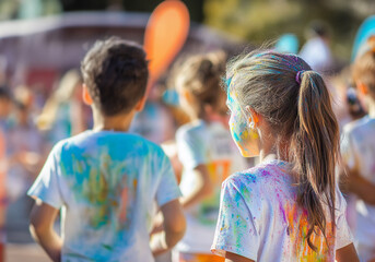 Children covered in colorful powder while participating in a color run 