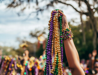 A person holding a handful of colorful Mardi Gras beads in the air 