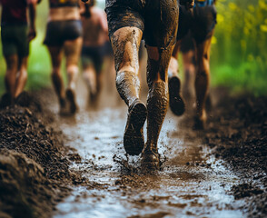 People participating in a mud run