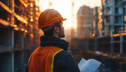 Construction worker with a helmet, surveying a construction site with blueprints, Dynamic, Bright, High Energy
