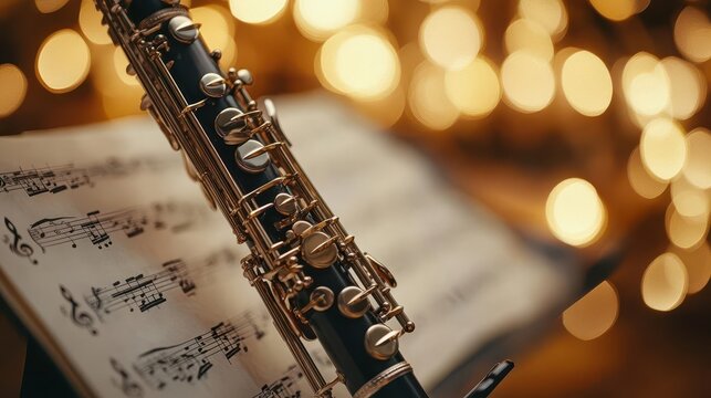 Clarinet resting on a music stand, with sheet music in the background, Elegant, Warm, Detailed