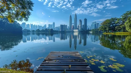 Selbstklebende Fototapeten Scenic Kuala Lumpur skyline view from Taman Tasik Titi lakefront © AS Photo Family