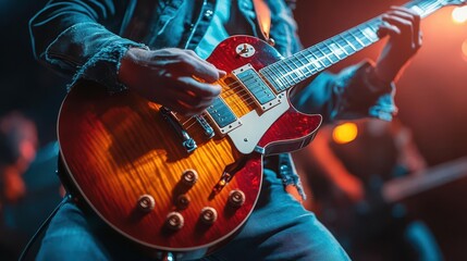 Electric guitar in action, with a musician strumming powerfully on stage, Dynamic, Bright, High Energy