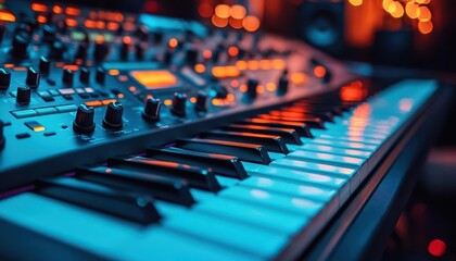 Electric keyboard in a music studio, with synthesizers and sound equipment, Creative, Bright, Detailed