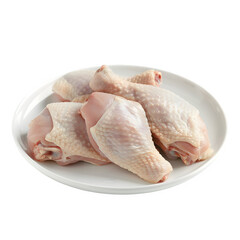 Fresh raw chicken drumsticks arranged on a white plate, ideal for culinary and food-related projects