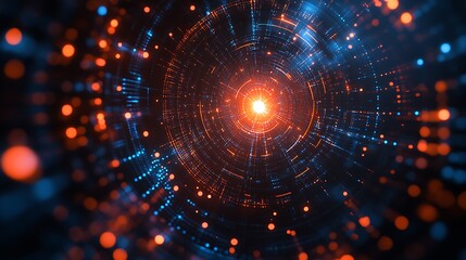 Obraz premium Abstract technology background with geometric circles and dots, simple vector illustration of abstract shapes in orange on a dark blue background design 
