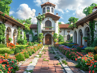 Mediterranean villa with vibrant garden and floral pathway under clear, blue skies, capturing a serene and picturesque ambiance