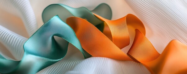 Close-up of vibrant orange and green ribbons on textured white fabric for crafting, decoration, or...