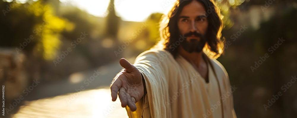 Wall mural jesus christ in robe extending hand forward in an ancient outdoor setting, bathed in warm sunlight.