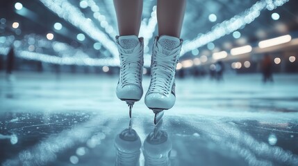 Fototapeta premium Ice skater with skates, gliding gracefully on an indoor rink, Elegant, Cool Tones, Detailed