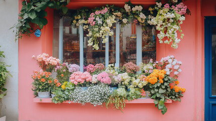 Fototapeta premium Pink Storefront: The facade of the store is painted in a soft, pastel pink color, giving it a charming and inviting appearance. This color choice creates a warm, welcoming atmosphere. 
