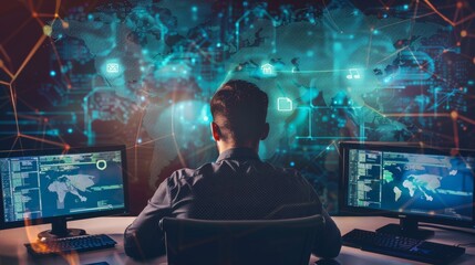 Man in front of his computer with the world map in the background on a BIG screen. HACKERS CONCEPT, CYBERSECURITY