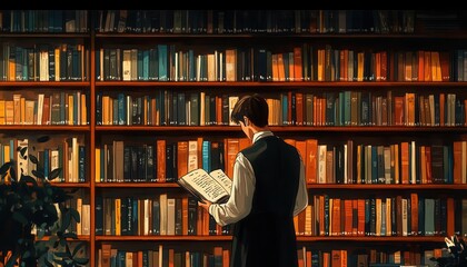 Librarian with books, organizing shelves in a quiet library, Scholarly, Warm, Detailed