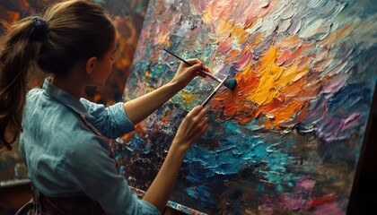 Obraz premium Painter with a paint palette, creating vibrant artwork on a large canvas, Creative, Bright, Detailed