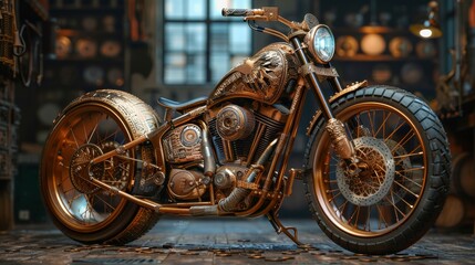 Intricately designed motorcycle with ornate details in a vintage workshop