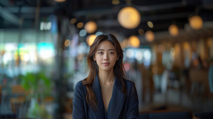 Obraz premium Asian woman speaking in a modern cafe with warm ambient lighting