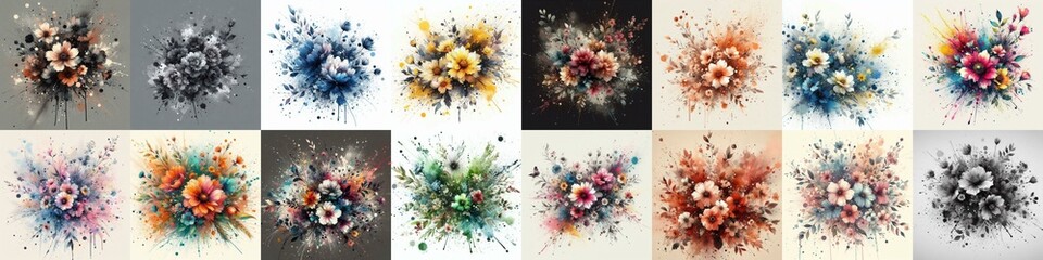 Watercolor spattering flowers drawing. AI generated illustration