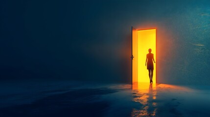 Silhouette of a woman standing in a glowing doorway surrounded by dark mist. Mysterious and atmospheric scene with a sense of intrigue.