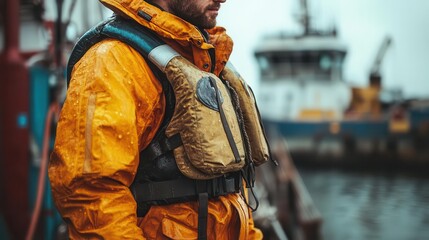 Sailor with a life jacket, standing on the deck of a ship, ready for an adventure, Adventurous, Bright, Detailed