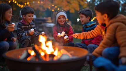 Joyful group of children roasting marshmallows around a cozy campfire during an evening outdoor gathering in autumn
