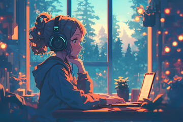 Girl Enjoying Music: Listening to music with a foggy forest view through the window and surrounded by plants and fairy lights. Anime style, Cozy vibes