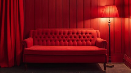 Red Vintage Sofa with Lamp in Cozy Room