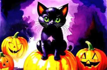 funny cute kitten sits on pumpkin, autumn harvest and Halloween watercolor illustration