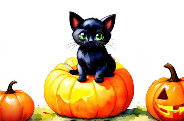 funny cute kitten sits on pumpkin, autumn harvest and Halloween watercolor illustration