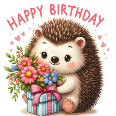 Hedgehog with a bouquet of flowers. Greeting card, happy birthday.	