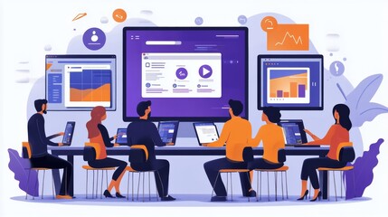 Man analyzing data on multiple screens in a modern office during daylight hours