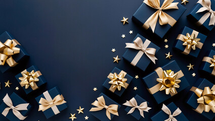 Christmas dark blue gift boxes with gold bows, navy blue background, Xmas motif wallpaper illustration for marketing and advertisement