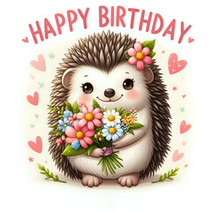 Hedgehog with a bouquet of flowers. Greeting card, happy birthday.	