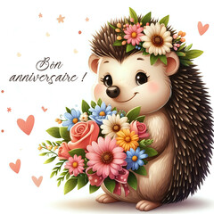H&eacute;risson avec un bouquet de fleurs. Carte de voeux "Bon anniversaire" en fran&ccedil;ais.	
