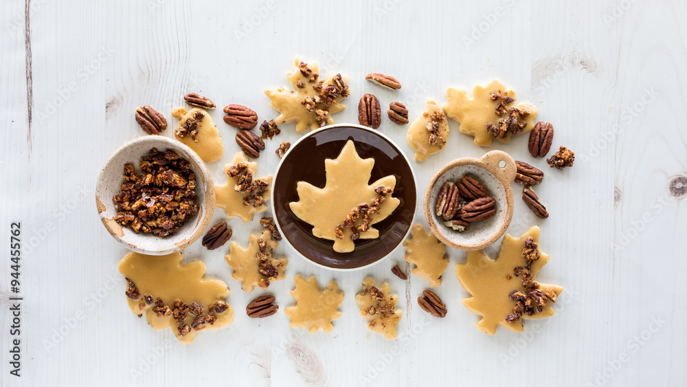 Wall mural different shapes of maple pecan shortbread cookies scattered around with pecans.