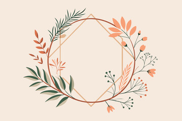 Minimalistic geometric floral empty frames. Calligraphic round or square shapes with branches and flowers. Elegant herbs or blossoms.
