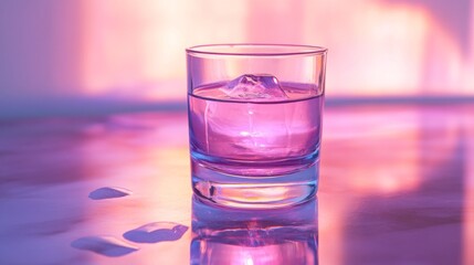 Glass of Water with Ice Cubes in Pink and Purple Light