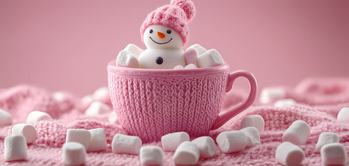 Snowman in pink cup with marshmallows