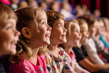 Fototapeta premium A group of children are sitting in a theater, smiling and laughing, generative ai image.