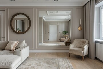 Elegant living room with large mirror and comfortable seating in a modern home