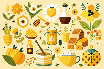 An artistic display comprises various hand-drawn elements related to bees and honey production, showcasing nature's sweetness
