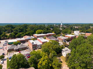 Daytime Drone Images of Downtown Wake Forest North Carolina on a Sunny Day, Featuring the Historic...