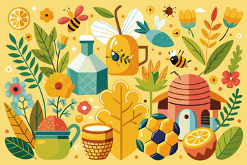 An artistic display comprises various hand-drawn elements related to bees and honey production, showcasing nature's sweetness
