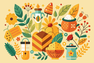 An artistic display comprises various hand-drawn elements related to bees and honey production, showcasing nature's sweetness
